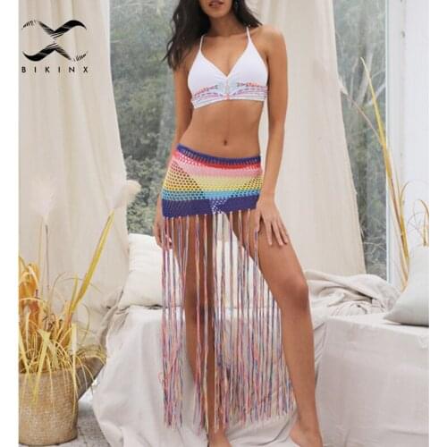 Brazilian crochet tassel Cover up Long skirt swimsuit women High waist womens swimwear and beachwear Bathing Suit Swimming New