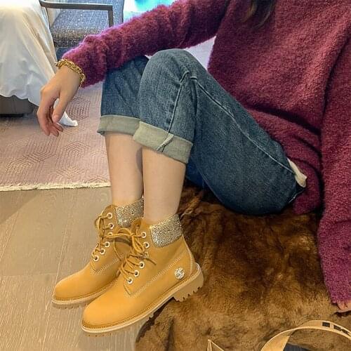 Brand 2020 Rhinestone Rhubarb Boots Womens British Style Thick Bottom High Top Outdoor Martin Boots Versatile Fashion Work Wear