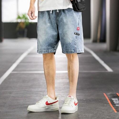Washed Distressed Denim Midpants Mens High Street Cargo Jeans Red Label Casual Loose Straight Wide-leg Shorts Summer Pants Thin