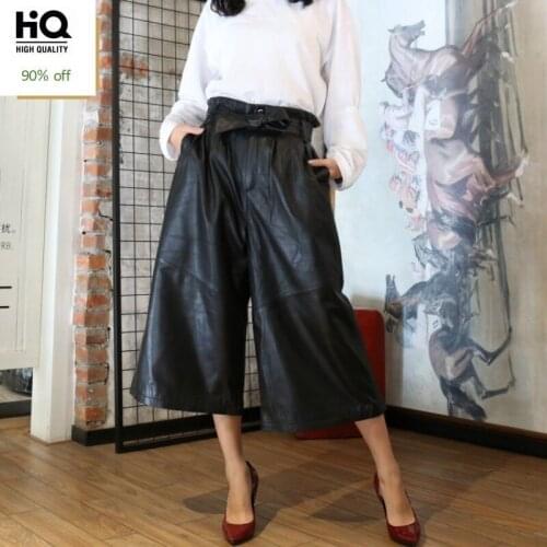 High Quality Ladies Genuine Leather Casual Pants Black Drawstring Elastic Waist Pants Female Loose Fit High Waist Wide Leg Pants