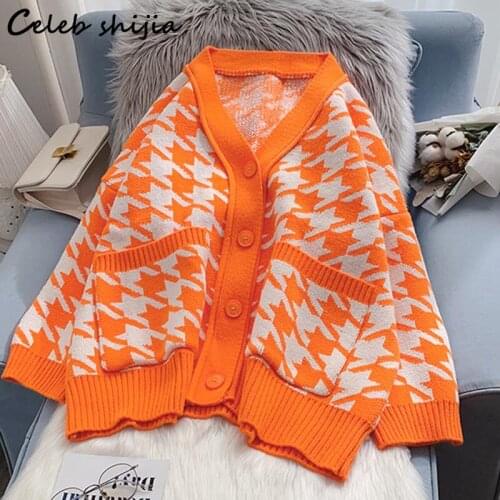 Elegant Houndstooth Sweater Woman V-neck Thicken Autumn Winter Soft Knitted Cardigan Women Korean Oversized Knit Coat Mom