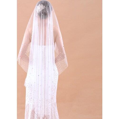 ZMV29 White Ivory Bridal Wedding Veils with Comb Hair Accessories Crystal Edge Appliques Headband with Veil Glitter for Bride
