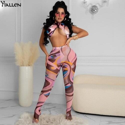 Yiallen Summer Sexy Print Mesh Halter Top and Tights Two Piece Set Women New Casual Stretch Beach Vacation Outfit Female Hot