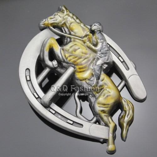 Men Jewelry Belt Buckle Jockey Race Horse Hurdles Horseshoe Western Vintage Silver Plated Rodeo Gift