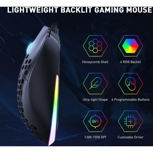 CW906 Ergonomic Wired Gaming Mouse 6 Button RGB 7200DPI USB Computer Mouse Gamer Mice Honeycomb Shell Mause For Computer Laptop