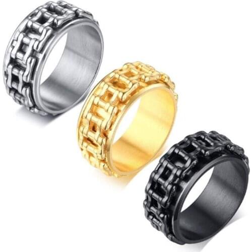 New Punk Biker Chain Ring for Men Black Gold Color Stainless Steel Power Ring Titanium Spinner Hip Hop Ring