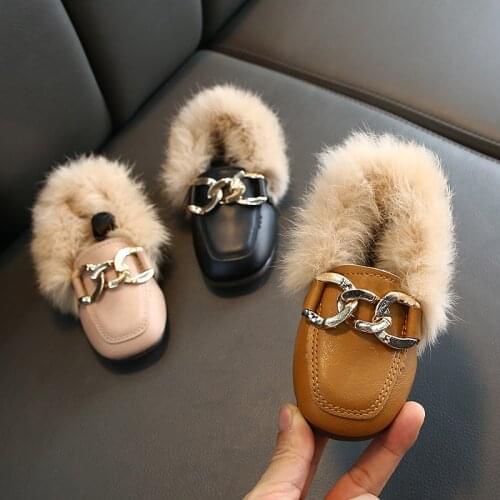 Flat Shoes Girls 2021 Fashion Winter Warm Toddler Shoes Kids Childrens Rabbit plush Fur Princess Square Head Leather Shoe Girl