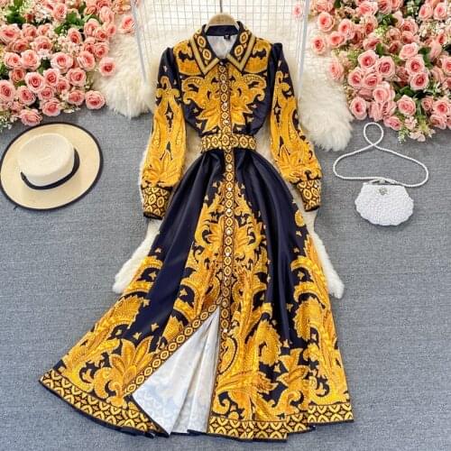 Autumn A Line Luxury Maxi Dress FemaleTurn Down Collar Lantern Sleeve Long Party Dress 2021 Runway Design Vintage Dresses S66849