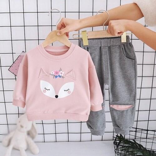 Autumn Korean Style Sets Boy Girl Casual Fashion Cute Cartoon Print round Neck Long-Sleeved Sweater Trousers Suit For Kids