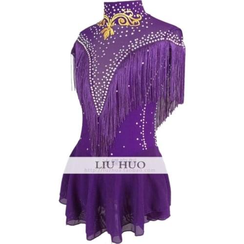 Figure Skating Dress Womens Girls' Ice Skating Dress Competitive performance clothing Purple Sleeveless Tassel Dance costume