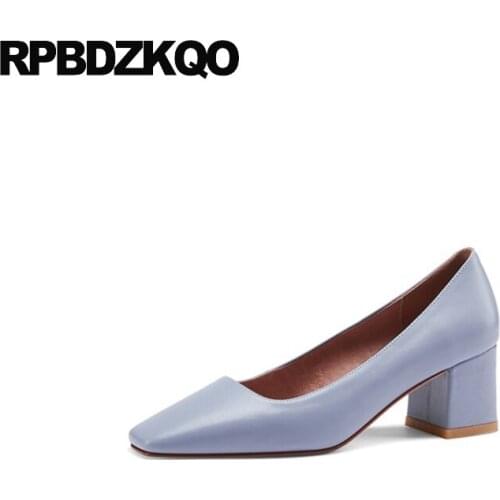 Size 33 Blue Pumps Italian 2021 Genuine Leather Ladies Formal Shoes Work Block Court Brown Luxury Square Toe Medium Heels High