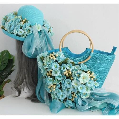 Handmade Straw Bag women handbag Flowers woven bag with bow Ribbons hat Beach Knitting Handbags 2021 larger capacity Tote Bag