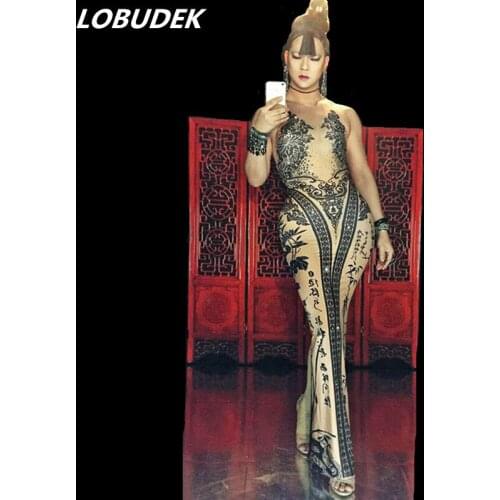 Sparkly Crystals Vintage Printing Sleeveless Long Dress Sexy Nightclub DJ Singer Prom Party Costume Host Models Catwalk Costume