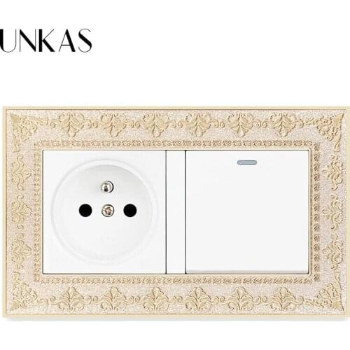 UNKAS Zinc Alloy Metal Panel Russia Spain French Standard Socket + 1 Gang 1 / 2 Way On / Off Light Switch Embossing Retro Frame