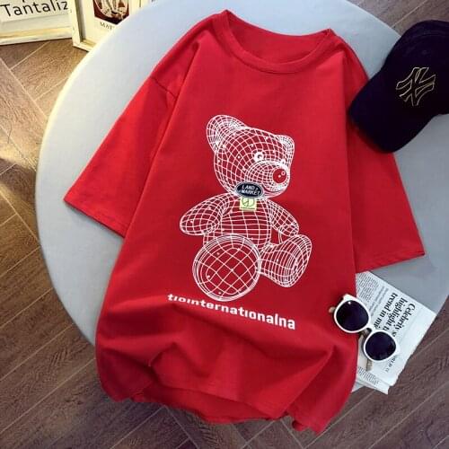2021 Beading Bear Women T-shirt Harajuku Oversize Short-Sleeved HIp Hop Women Cotton Loose Crystal Korean Ins Female Clothes