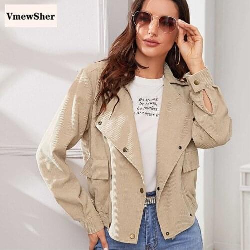 VmewSher Vintage Corduroy Jacket Women New Autumn Spring Casual Turn-down Collar Double-breasted Stripes Pocket Retro Short Coat