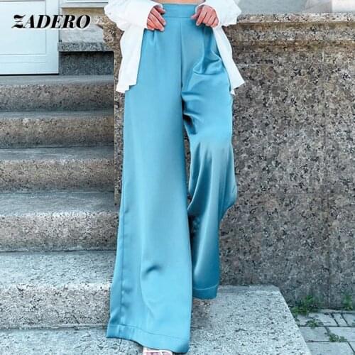 Elegant High Waist Satin Trousers Women 2021 Autumn Fashion Casual Wide Leg Long Pants Pleated Ladies Zipper Office High Street
