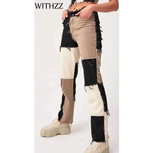 WITHZZ Spring Autumn Womens Fashion Tassel Straight Pants Denim Trousers Female Jeans