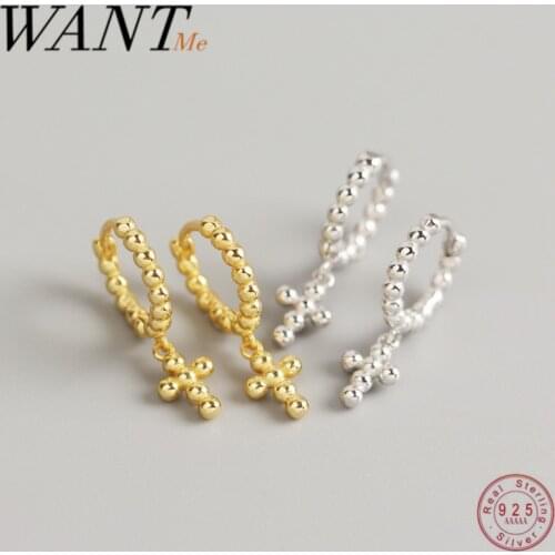 WANTME Genuine 100% 925 Sterling Silver Round Beads Cross Stud Earrings for Fashion Women Punk Hip Hop Bohemian Party Jewelry