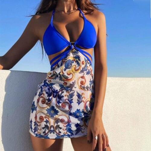 2021 Summer New Print Sexy Swimsuit 3 Piece Bikini Set Sleeveless Backless Swimming Suit for Women Quick Dry Swimwear Beach Wear