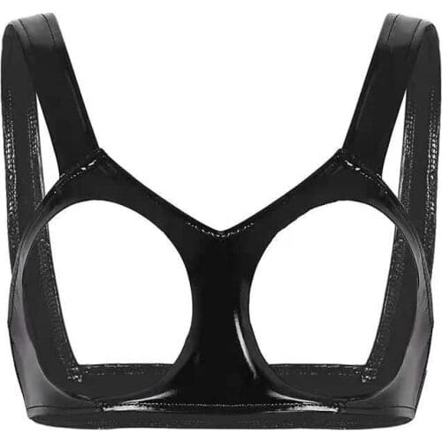 Ladies Open Cup Latex Bra Glossy Shaping Patent Leather Tops Sexi Women Sexy Wetlook Leather Bra Erotic Breast Exposing