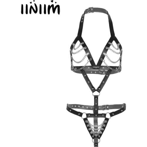 Iiniim Womens Exotic Teddies PU Leather Chains Body Chest Harness Bondage Crotchless Sissy Bodysuit Pole Clubwear Costumes