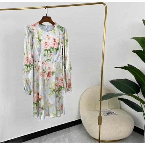 Romantic Pink Rose Flowers Blooming Frilled Ruffles Long Sleeve Light Blue Elegant Slim Fit Midi Dresses New Spring 2021