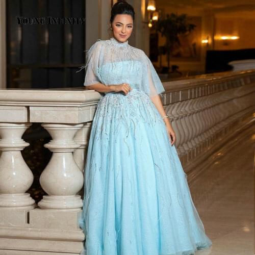 Elegant Evening Dress Blue Long Formal Party Gown Strapless with Cape Lace Prom Dress Feather Beading Saudi Arabia Style Gala