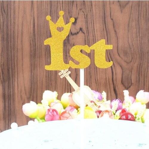 1 Pcs Cute Glitter Gold Crown One Year Cake Topper Birthday Cake Decoration For Kids Birthday Party Favor Supply