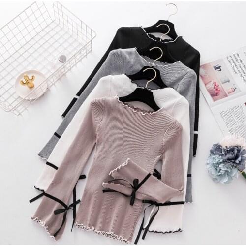 2021 Women Long Sleeve O-Neck Knitted Basic Ruffles Sweater Shirt Lady Elastic Slim Tight Bandage Bow Pullover Chic Blouse Tops