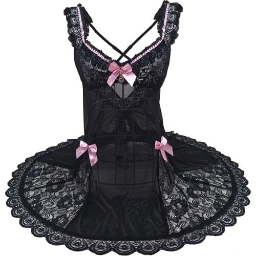 Women Lovely Bow Lace lingerie Halter Gauze Backless V-neck Lace Temptation Clothings Nightgown Sleepwear AB048