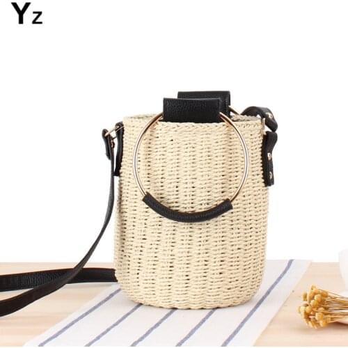 Aaby 2021 New Fashion Bucket Straw Bags For Women Crossbody Bag With Big Metallic Circular Ring Handle