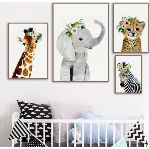 Flower Giraffe Elephant Leopard Zebra Animals Nordic Posters And Prints Wall Art Canvas Painting Wall Pictures Kids Room Decor