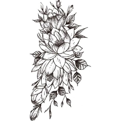 Hannah Style Temporary Tattoo Stickers Plain Line Flowers Rose Lotus Fake Tattoos Waterproof Tatoos Arm Leg Large Size for Women