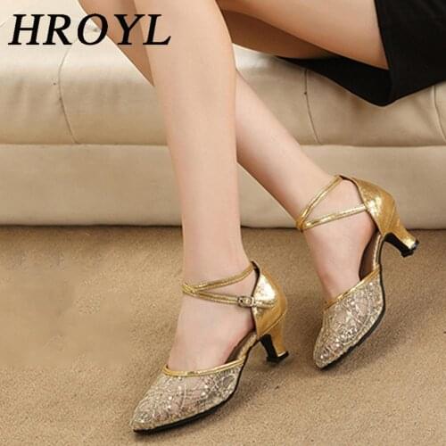 HROYL Dance-Shoes Latin Tango Ballroom Jazz for Women Girls Ladies 3.5/5.5CM Heels Sexy Mesh Sequins Wholesale Gold/Silver/Red