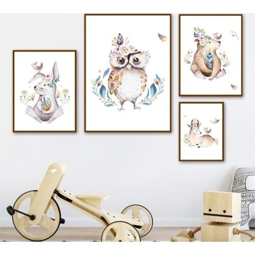 Deer Bird Bear Owl Rabbit Feather Grass Animal Wall Art Canvas Painting Nordic Posters And Prints Wall Pictures Kids Room Decor