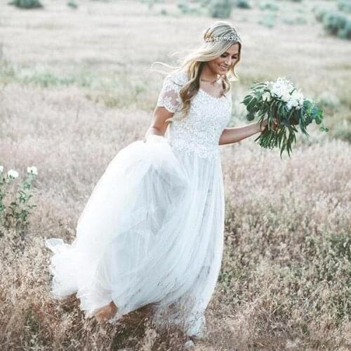 Lace Bohemian Beach Wedding Dress Bridal Gowns Short Sleveless Tulle A Line Plus Size Country Boho Wedding Dresses 2021
