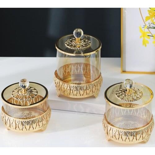 Metal Glass Candy Jar Transparent Glass with Cover Storage Tank Storage Tank Luxury Flowers Living Room Table Vase Decoration