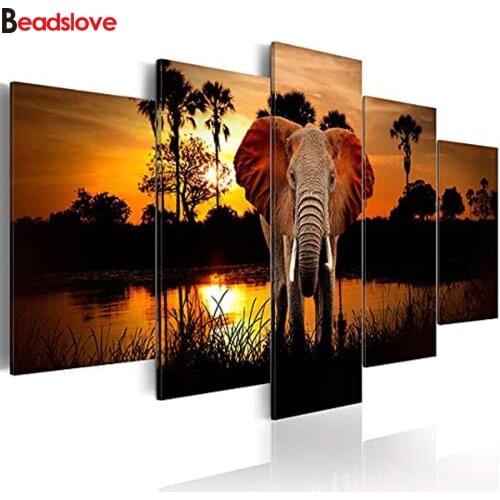 5 Panel Combined african elephant diamond embroidery full square round diamond painting cross stitch kits 5D mosaic home art