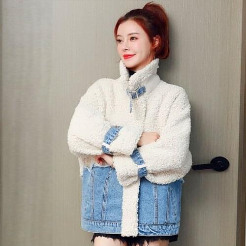 New Thicken Plus Size Chest 126CM Cotton Padded Coats Autumn Winter Casual Loose Sherpa Patchwork Jeans For Women Overcoats