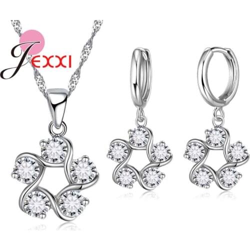 New Women Bridal Wedding Engagement 925 Sterling Silver Jewelry Sets With Crystals Flowers Shaped Necklace/Earrings Set