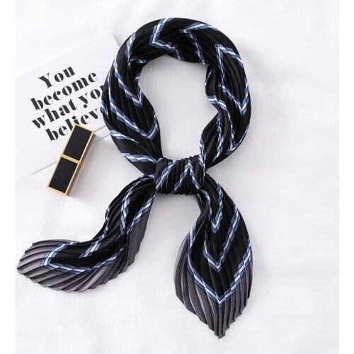 Yishine Pleated Square Scarf Small Silk Neck Wear for Women Crumple Fashion Stripes Crinkle Print Foulard Female Handkerchief