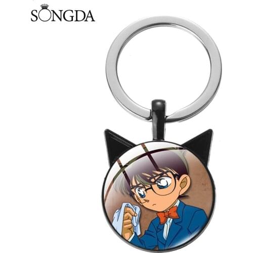 Lovely Cartoon Detective Conan Keychain Handmade Glasses Photo Dome Pendant Keyring Metal The Car Anime Key Chain For Kids Gifts