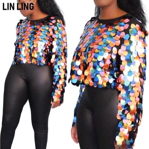 LINLING Fashionable Sexy Color Sequins Perspective Round Neck Loose Pullover Street Upper Body Clothing