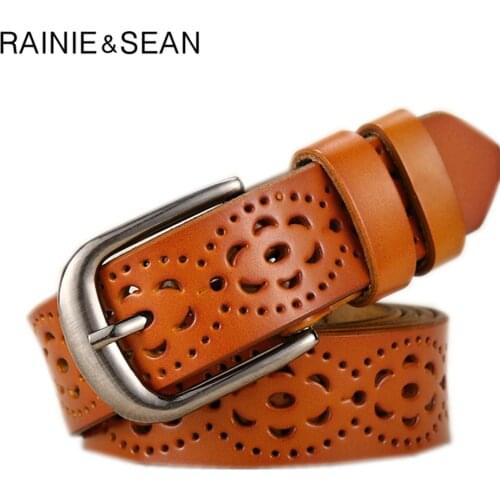 RAINIE SEAN Real Leather Women Belt Hollow Out Female Cowskin Genuine Leather Ladies Pin Buckle Brown Red Black Trousers Belt