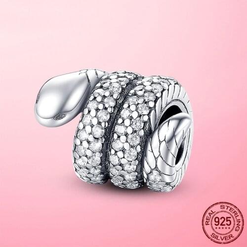 Silver Snake Charm 925 Sterling Silver Sparkling Wrapped Snake Charm fit Pandora Bracelet CZ Original Silver 925 jewelry Making