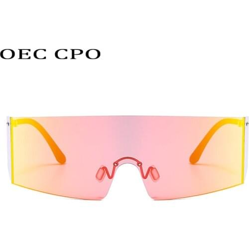 OEC CPO Fashion Rimless Sunglasses Women Men Big Flat Top Glasses Oversized Sunglasses Female Mirror Goggle UV400 O596