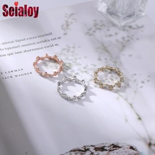 Seialoy Shiny Folding Crown With Flowers Rings For Women Men Original Fashion Gold Silver Color Ring Engagement Couples Jewelry
