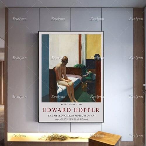 Edward Hopper Exhibition Poster,Hotel Room Prints,Wall Art Decor, Realism Canvas, Architecture, Scenery, Minimalism Modern Home