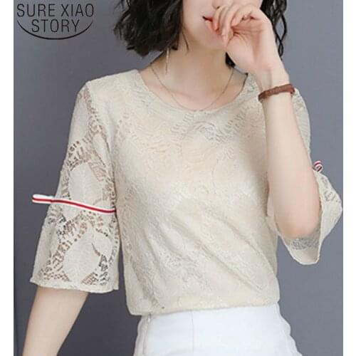 2019 Summer Office Lady Casual Plus Size Solid O-Neck Womens Tops New Seven-Quarter Sleeve Lace Chiffon Shirt Lady 4793 50